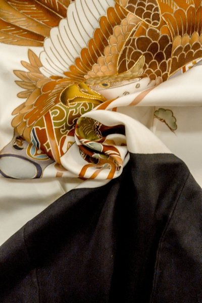 画像14: P0123A 男性用 男の子用着物   シルク（正絹） 黒,  松/松葉 【中古】【USED】【リサイクル】 ★★★☆☆【P0123A】 (14)