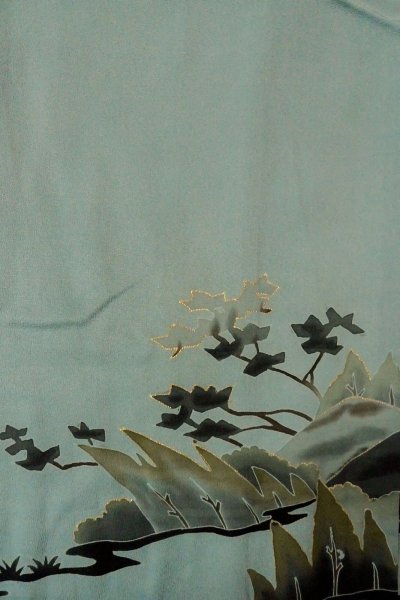 画像3: P0123Q 女性用 羽織   シルク（正絹） 灰色がかった水色,  草 【中古】【USED】【リサイクル】 ★★☆☆☆【P0123Q】 (3)