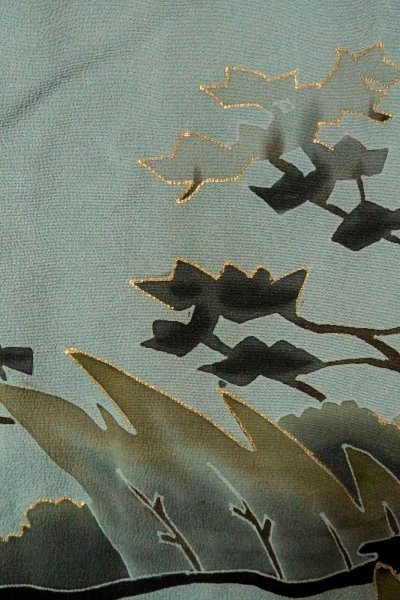 画像5: P0123Q 女性用 羽織   シルク（正絹） 灰色がかった水色,  草 【中古】【USED】【リサイクル】 ★★☆☆☆【P0123Q】 (5)