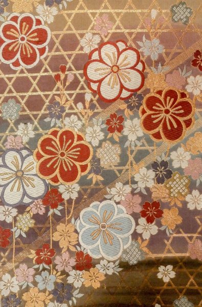 画像3: P0206B 袋帯 女性用着物 シルク（正絹） 光沢のある 灰色がかった マルチカラー 桜 【中古】 【USED】 【リサイクル】 ★★★☆☆ (3)