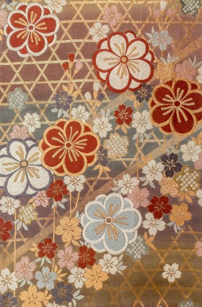 画像4: P0206B 袋帯 女性用着物 シルク（正絹） 光沢のある 灰色がかった マルチカラー 桜 【中古】 【USED】 【リサイクル】 ★★★☆☆ (4)