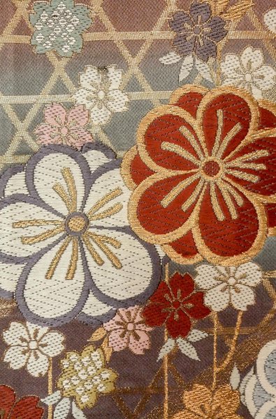 画像5: P0206B 袋帯 女性用着物 シルク（正絹） 光沢のある 灰色がかった マルチカラー 桜 【中古】 【USED】 【リサイクル】 ★★★☆☆ (5)
