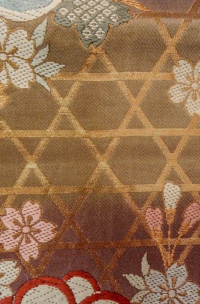 画像7: P0206B 袋帯 女性用着物 シルク（正絹） 光沢のある 灰色がかった マルチカラー 桜 【中古】 【USED】 【リサイクル】 ★★★☆☆ (7)