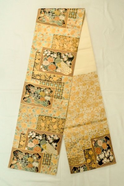 画像1: P0206L 袋帯 女性用着物 シルク（正絹）   白 桜 薄い【中古】 【USED】 【リサイクル】 ★★★★☆ (1)