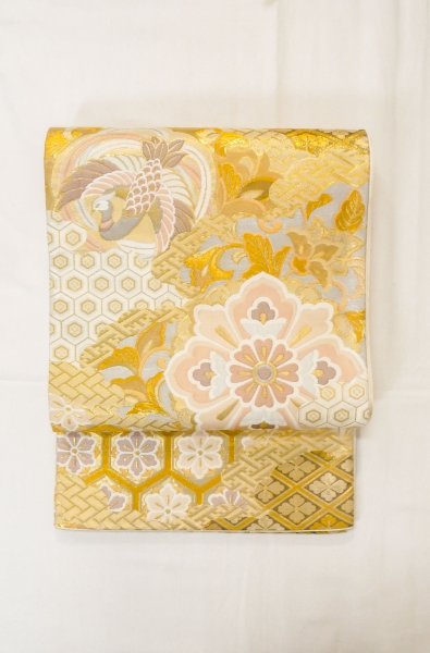 画像2: P0206P 袋帯 女性用着物 シルク（正絹）  薄い 金色 花 【中古】 【USED】 【リサイクル】 ★★★☆☆ (2)
