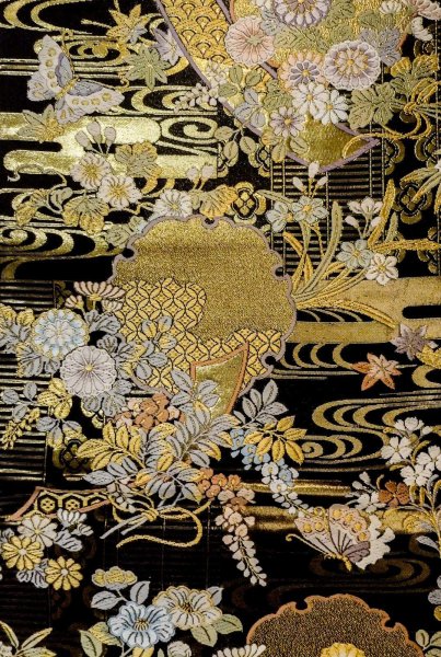 画像4: P0206R 袋帯 女性用着物 シルク（正絹）  光沢のある 黒 花 【中古】 【USED】 【リサイクル】 ★★★★☆ (4)