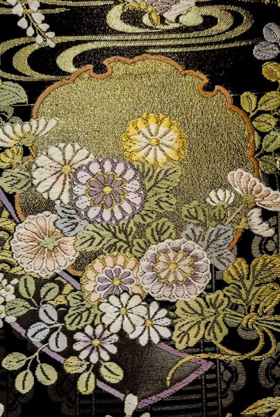 画像5: P0206R 袋帯 女性用着物 シルク（正絹）  光沢のある 黒 花 【中古】 【USED】 【リサイクル】 ★★★★☆ (5)
