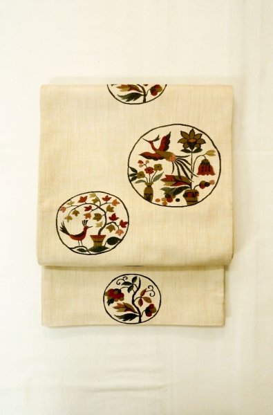 画像2: P0206Y 袋帯 女性用着物 シルク（正絹）  淡い アイボリー 花 【中古】 【USED】 【リサイクル】 ★★★★☆ (2)