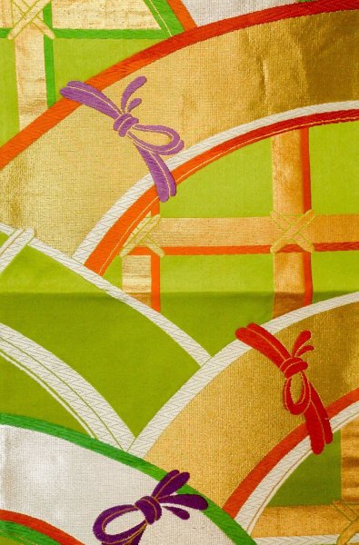 画像3: P0207D 袋帯 女性用着物 シルク（正絹）   黄緑色 線 【中古】 【USED】 【リサイクル】 ★★★☆☆ (3)