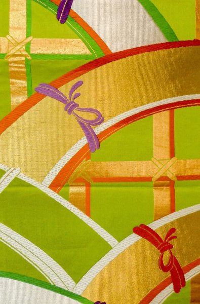 画像4: P0207D 袋帯 女性用着物 シルク（正絹）   黄緑色 線 【中古】 【USED】 【リサイクル】 ★★★☆☆ (4)