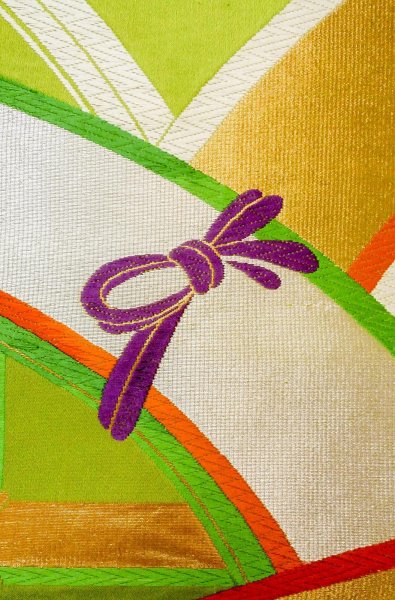 画像5: P0207D 袋帯 女性用着物 シルク（正絹）   黄緑色 線 【中古】 【USED】 【リサイクル】 ★★★☆☆ (5)