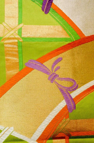 画像6: P0207D 袋帯 女性用着物 シルク（正絹）   黄緑色 線 【中古】 【USED】 【リサイクル】 ★★★☆☆ (6)