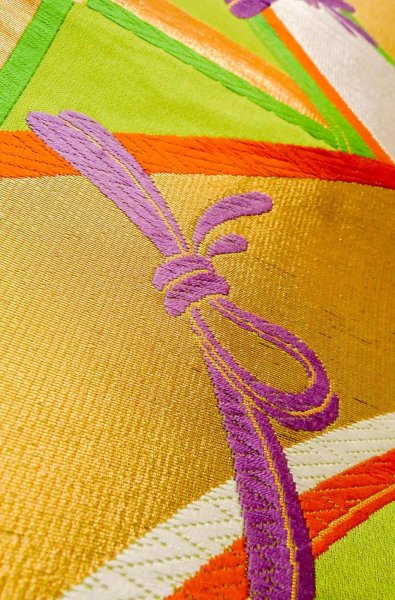 画像9: P0207D 袋帯 女性用着物 シルク（正絹）   黄緑色 線 【中古】 【USED】 【リサイクル】 ★★★☆☆ (9)