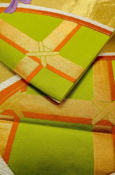画像11: P0207D 袋帯 女性用着物 シルク（正絹）   黄緑色 線 【中古】 【USED】 【リサイクル】 ★★★☆☆ (11)