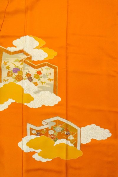 画像3: P0225D 女性用 付下げ   シルク（正絹） 鮮やか橙色,  ぼたん 【中古】【USED】【リサイクル】 ★★★☆☆【P0225D】 (3)