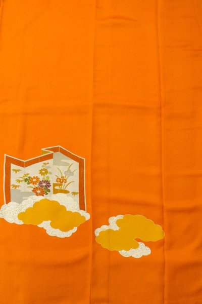 画像4: P0225D 女性用 付下げ   シルク（正絹） 鮮やか橙色,  ぼたん 【中古】【USED】【リサイクル】 ★★★☆☆【P0225D】 (4)