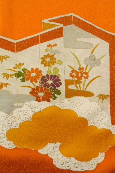 画像7: P0225D 女性用 付下げ   シルク（正絹） 鮮やか橙色,  ぼたん 【中古】【USED】【リサイクル】 ★★★☆☆【P0225D】 (7)