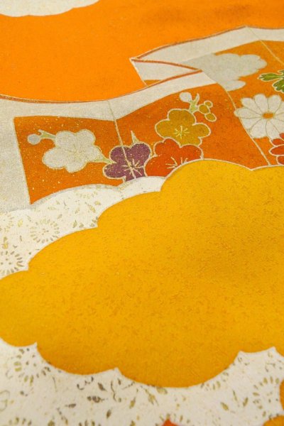 画像10: P0225D 女性用 付下げ   シルク（正絹） 鮮やか橙色,  ぼたん 【中古】【USED】【リサイクル】 ★★★☆☆【P0225D】 (10)