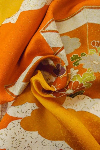 画像11: P0225D 女性用 付下げ   シルク（正絹） 鮮やか橙色,  ぼたん 【中古】【USED】【リサイクル】 ★★★☆☆【P0225D】 (11)