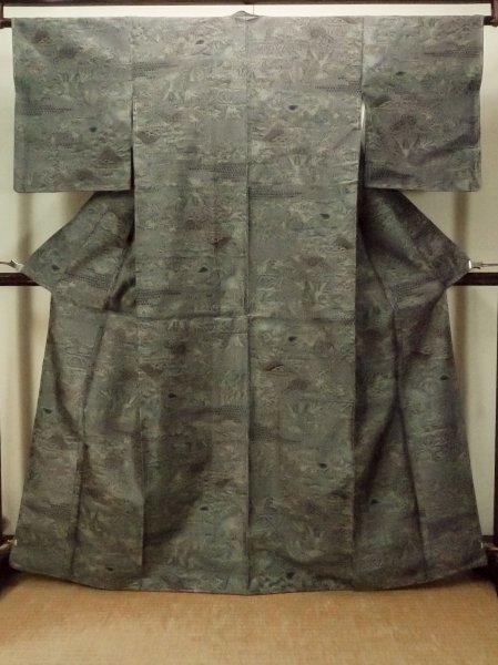 画像1: P0408C 女性用 紬   シルク（正絹） 灰色,  花 【中古】【USED】【リサイクル】 ★★★★☆【P0408C】 (1)