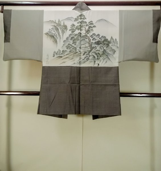 画像3: P0526J 男性用 羽織  大島紬  シルク（正絹） 茶色,  松/松葉 【中古】【USED】【リサイクル】 ★★★☆☆【P0526J】 (3)