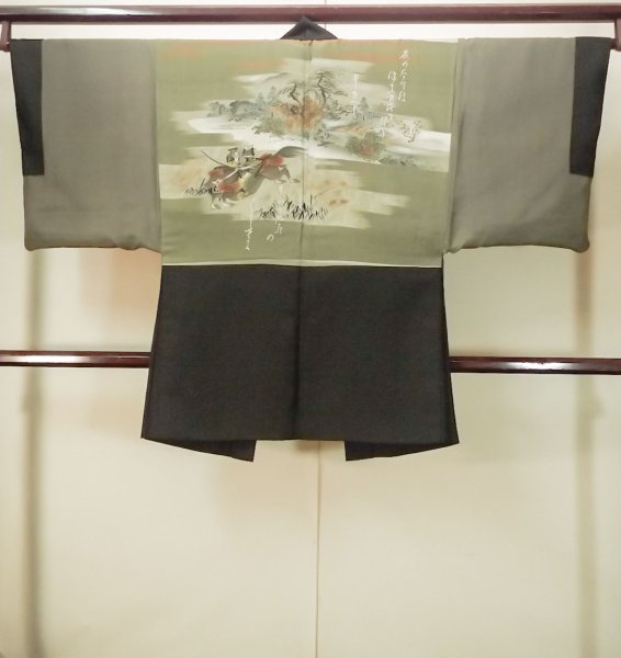 画像3: P0526L 男性用 羽織   シルク（正絹） 黒,  松/松葉 【中古】【USED】【リサイクル】 ★★★★☆【P0526L】 (3)