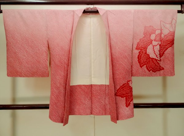 画像1: P0526X 女性用 羽織   シルク（正絹） 桃色,  葉 【中古】【USED】【リサイクル】 ★★★★☆【P0526X】 (1)
