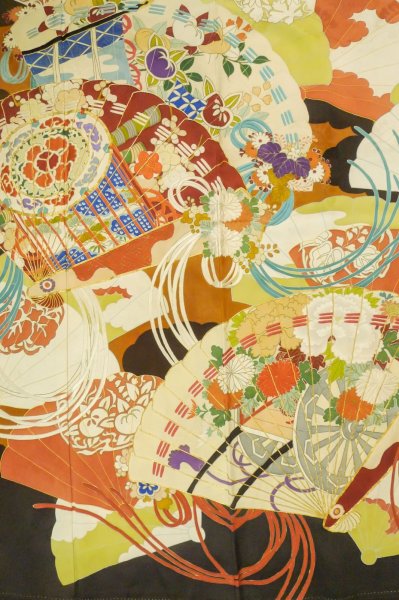 画像7: P0616B 女性用 振袖   シルク（正絹） 黒,  ぼたん 【中古】【USED】【リサイクル】 ★★☆☆☆【P0616B】 (7)