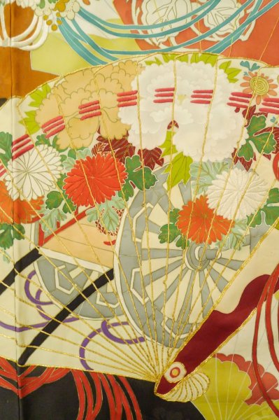 画像13: P0616B 女性用 振袖   シルク（正絹） 黒,  ぼたん 【中古】【USED】【リサイクル】 ★★☆☆☆【P0616B】 (13)