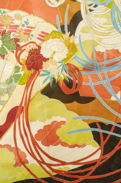 画像14: P0616B 女性用 振袖   シルク（正絹） 黒,  ぼたん 【中古】【USED】【リサイクル】 ★★☆☆☆【P0616B】 (14)