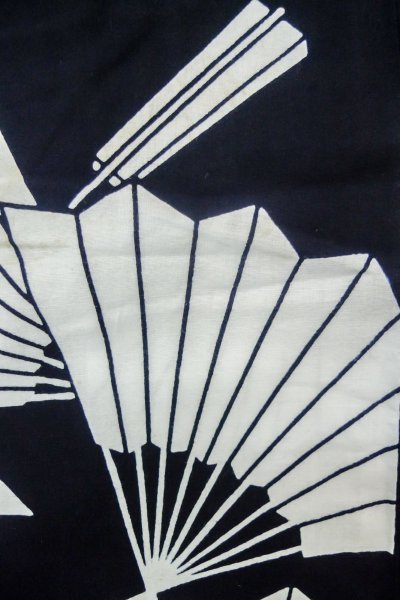 画像5: P0616Y 女性用 浴衣（日本製）   綿 藍,  扇 【中古】【USED】【リサイクル】 ★★☆☆☆【P0616Y】 (5)