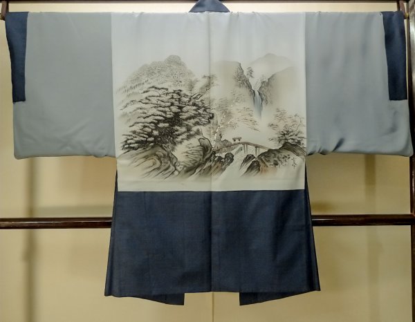 画像3: P0708D 男性用 羽織  大島紬  シルク（正絹） 藍,  亀甲 【中古】【USED】【リサイクル】 ★★★☆☆【P0708D】 (3)