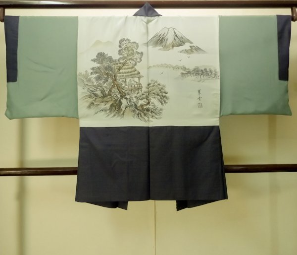 画像3: P0708U 男性用 羽織  大島紬  シルク（正絹） 深い紺,  亀甲 【中古】【USED】【リサイクル】 ★★★★☆【P0708U】 (3)