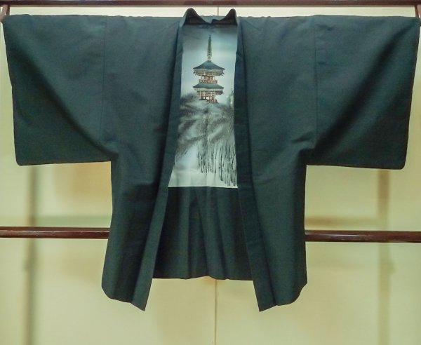 画像1: P0708V 男性用 羽織   シルク（正絹） 深い青緑色,  【中古】【USED】【リサイクル】 ★★★★☆【P0708V】 (1)