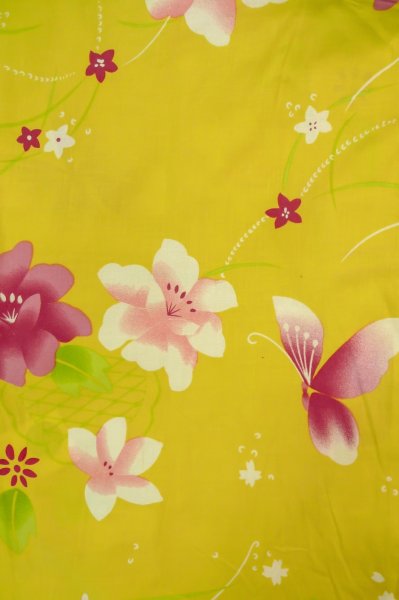 画像3: P0722C 女性用 浴衣（海外製）   綿 黄色,  花 【中古】【USED】【リサイクル】 ★★★☆☆【P0722C】 (3)