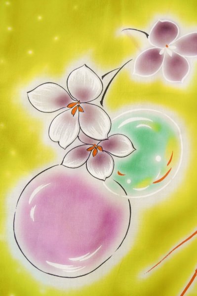 画像5: P0722I 女性用 浴衣（海外製）   綿 灰色がかった黄色,  花 【中古】【USED】【リサイクル】 ★★★☆☆【P0722I】 (5)