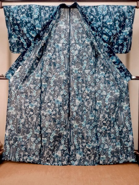 画像2: P0722L 女性用 浴衣（海外製）   綿 深い藍,  葉 【中古】【USED】【リサイクル】 ★★★☆☆【P0722L】 (2)