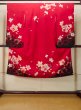 画像1: P0818A 女性用 女の子用着物   化繊 深い赤色,  桜 【中古】【USED】【リサイクル】 ★★☆☆☆【P0818A】 (1)