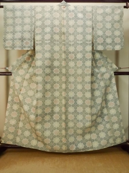 画像1: P0916C 女性用 単衣   ウール 灰色がかった水色,  抽象的模様 【中古】【USED】【リサイクル】 ★★☆☆☆【P0916C】 (1)