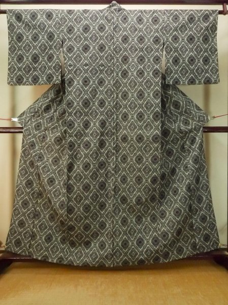 画像1: P0916D 女性用 単衣   ウール 黒,  菱 【中古】【USED】【リサイクル】 ★☆☆☆☆【P0916D】 (1)