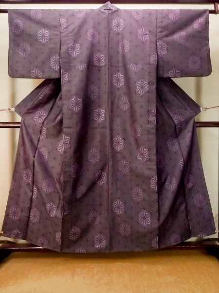 画像1: P0916L 女性用 単衣   ウール 深い灰色がかった紫色,  麻の葉 【中古】【USED】【リサイクル】 ★★★★☆【P0916L】 (1)