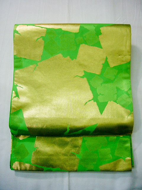 F1105D 袋帯 女性用着物 川島織物 シルク（正絹） 黄緑, 色紙 【中古 