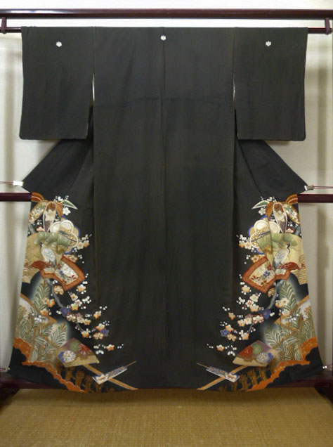 G0508g 黒留袖 女性用着物 家紋 桐 シルク 正絹 黒 鶴 中古 Used リサイクル 留袖 楓庵